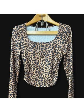 Leopard Print Ruched Crop Top Y2K Long Sleeve XS